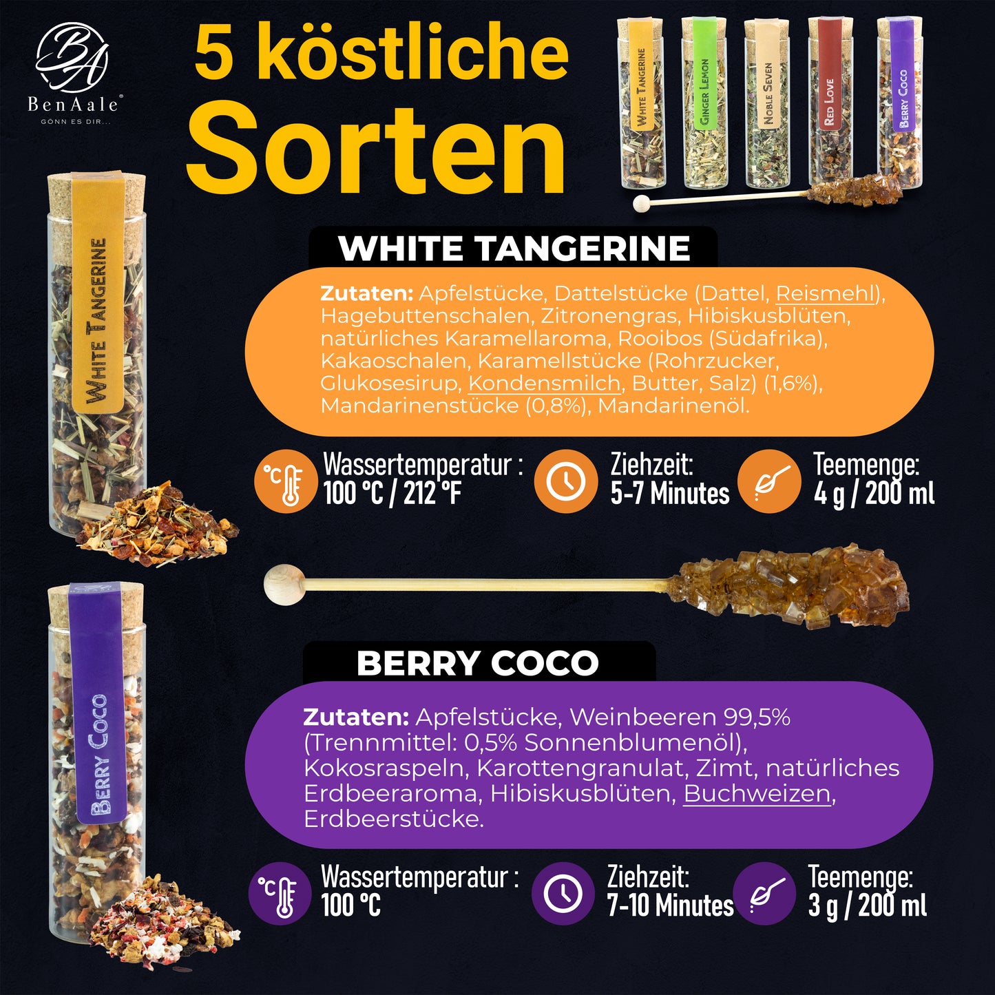 Tee Geschenk Set mit 5 hochwertigen Früchte- und Kräutertees inkl. Kandisstick in edler Geschenk-Box