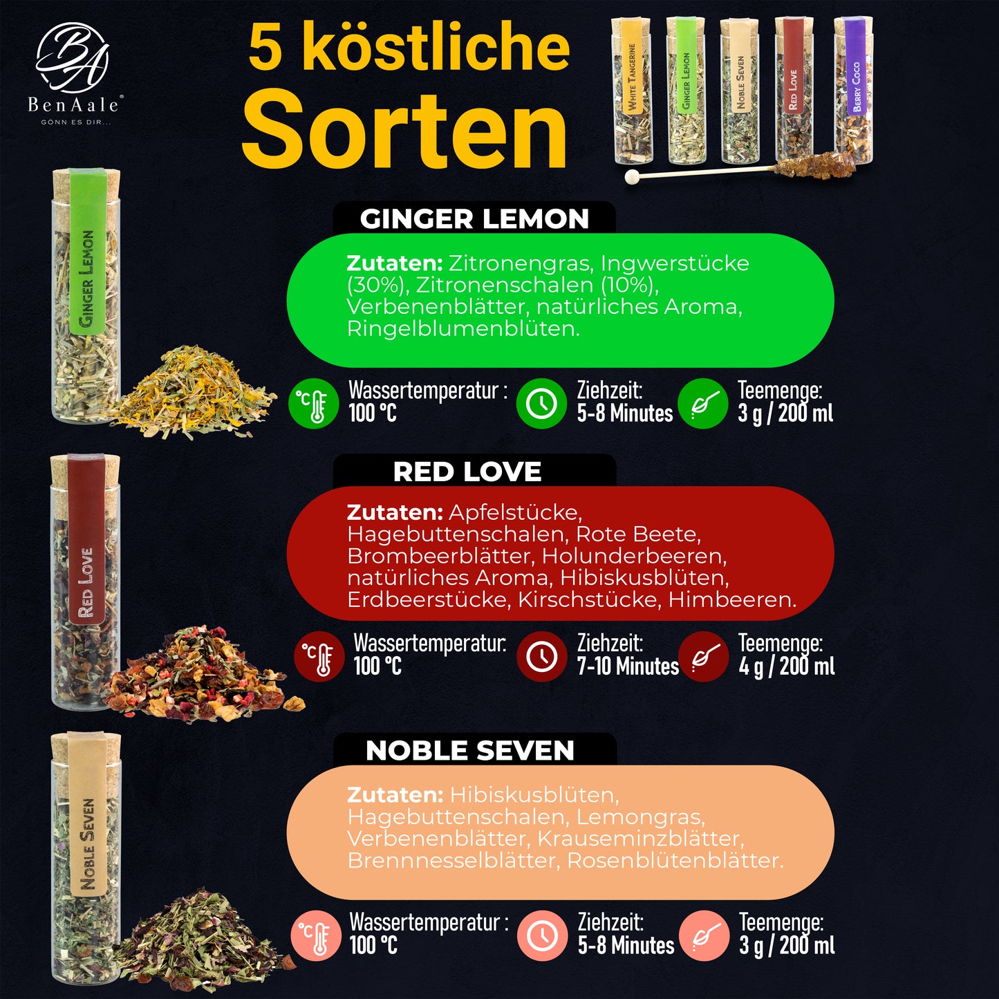 Tee Geschenk Set mit 5 hochwertigen Früchte- und Kräutertees inkl. Kandisstick in edler Geschenk-Box