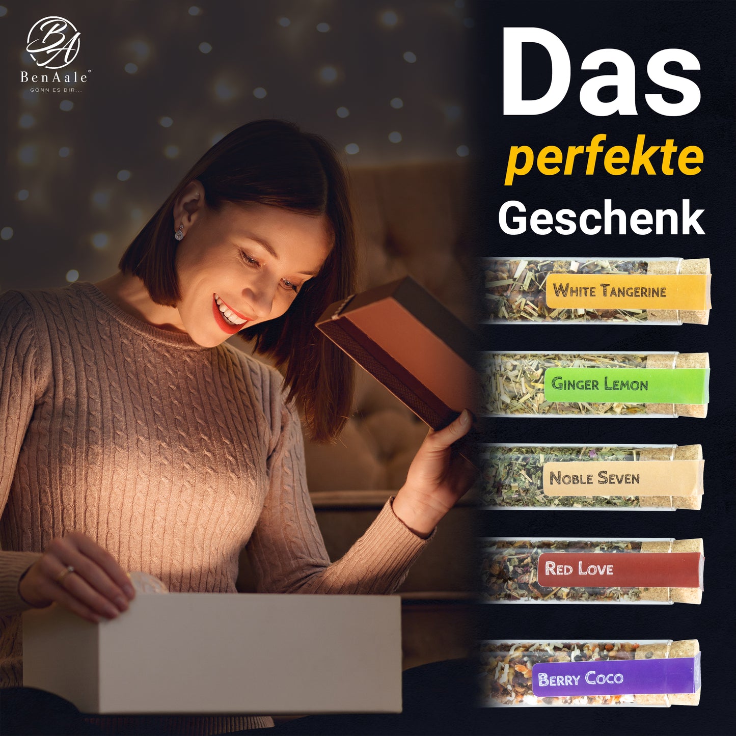 Tee Geschenk Set mit 5 hochwertigen Früchte- und Kräutertees inkl. Kandisstick in edler Geschenk-Box