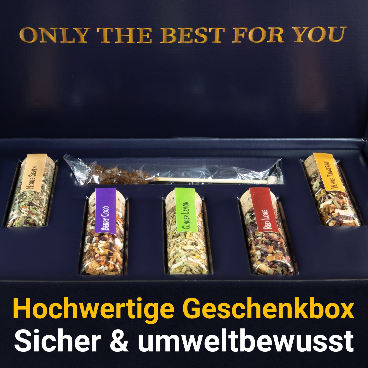 Tee Geschenk Set mit 5 hochwertigen Früchte- und Kräutertees inkl. Kandisstick in edler Geschenk-Box