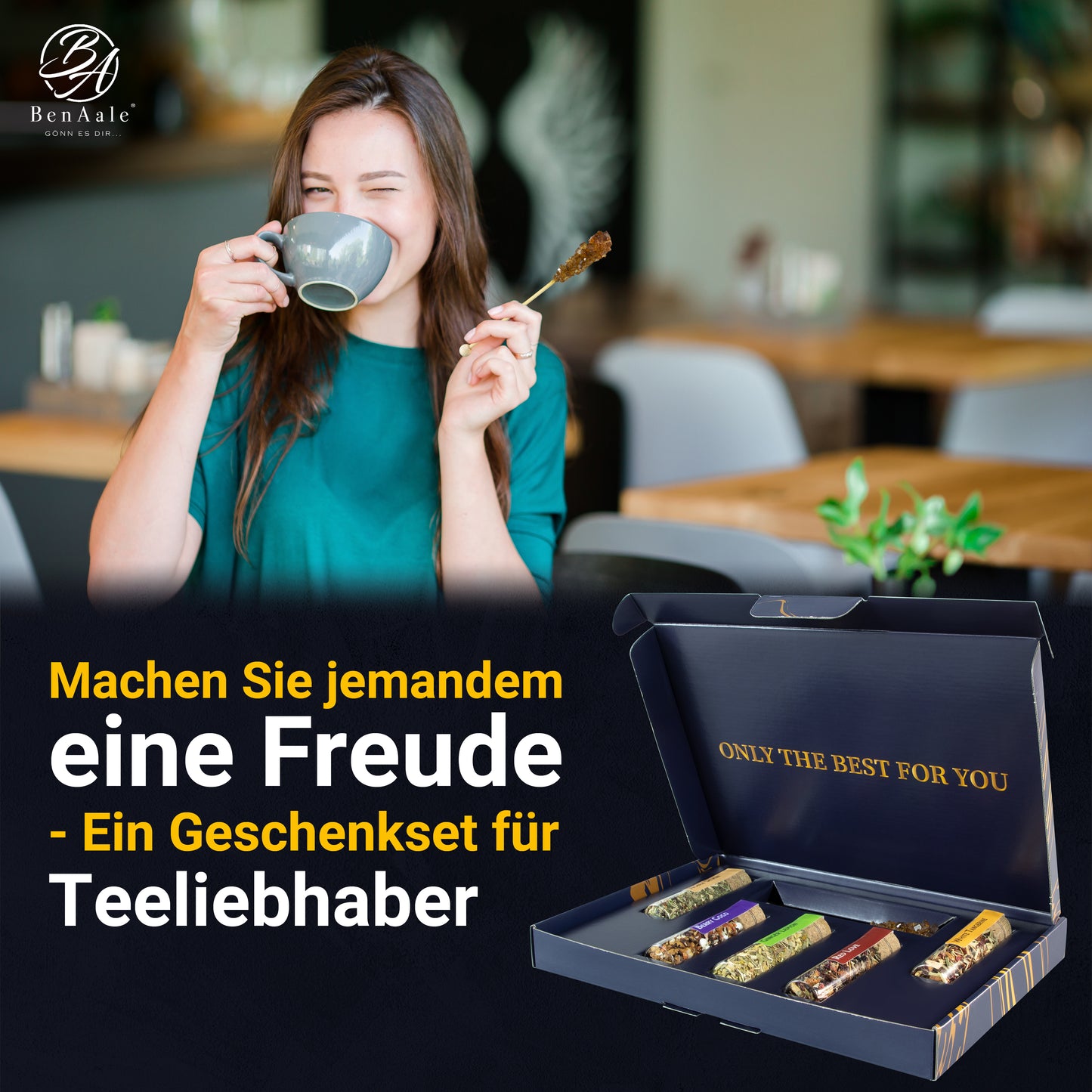 Tee Geschenk Set mit 5 hochwertigen Früchte- und Kräutertees inkl. Kandisstick in edler Geschenk-Box